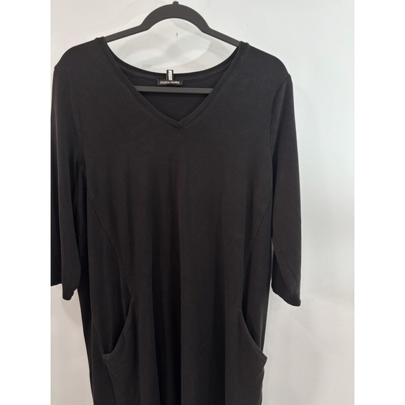 Eileen Fisher Black Tencel Dress M V Neck Pockets Stretch Casual Soft Minimalist - Picture 3 of 8